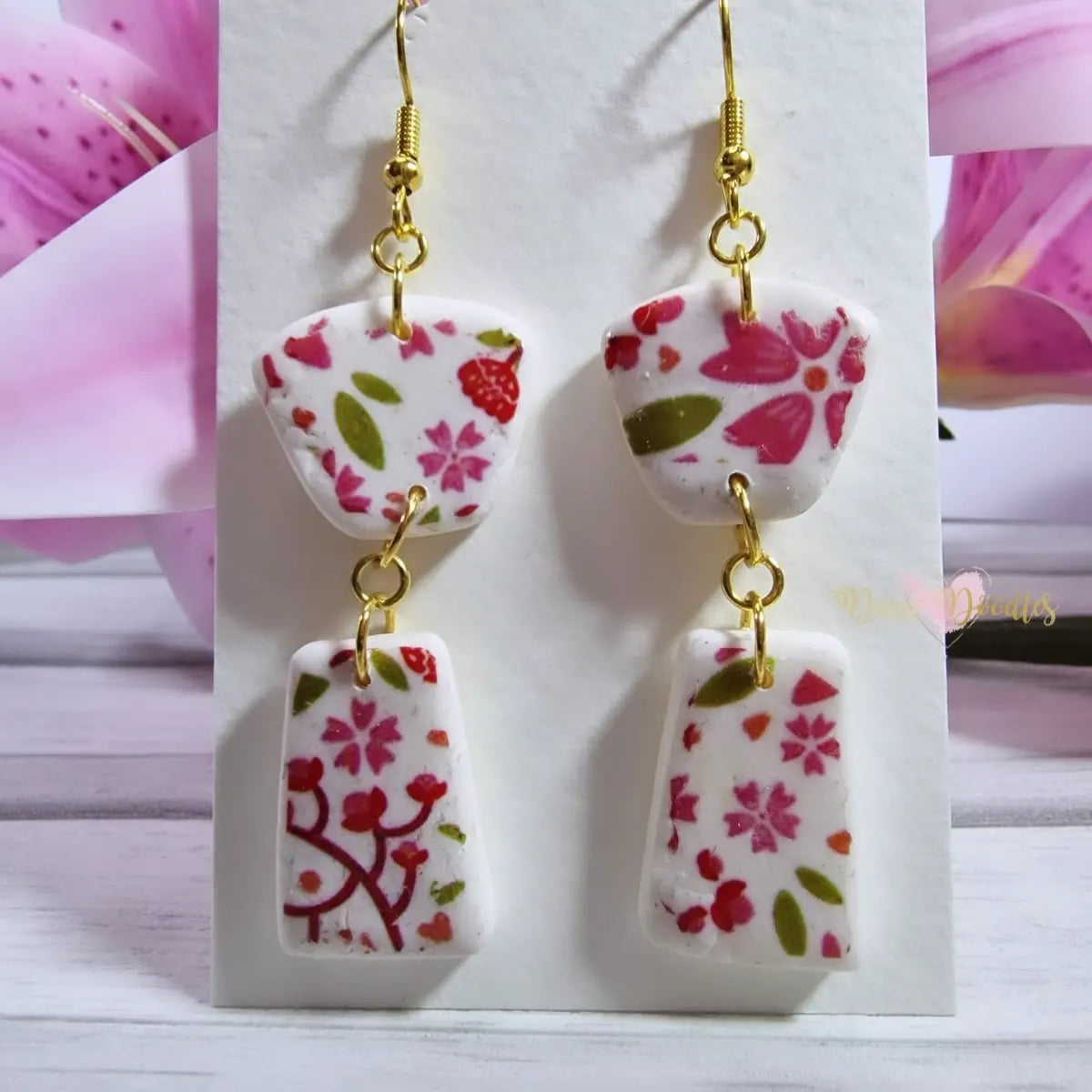 Fimo White and Floral Drop Earrings